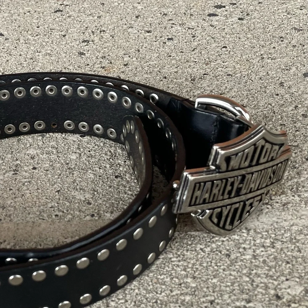 Harley-Davidson Black Leather Belt with Silver Studded Buckle Sz 36